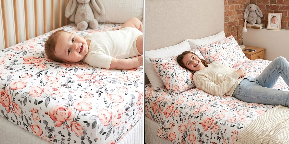 Prześcieradło bawełniane z nadrukiem flaming róże